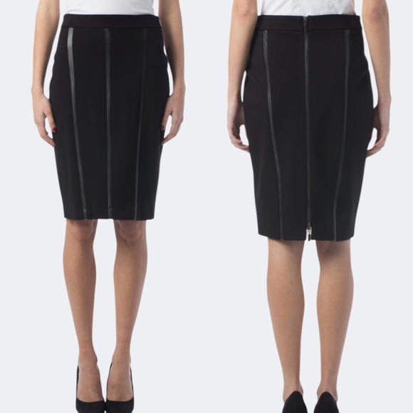 JOSEPH RIBKOFF Jersey Knit Black Skirt Satin Inserts Exposed Back Zipper Sz 14 - Picture 1 of 8